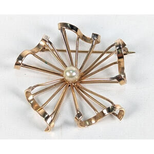 Vintage 12K Gold Filled Ribbon Pearl Brooch Pin 1-1/2" MCM Feminine Light Pretty